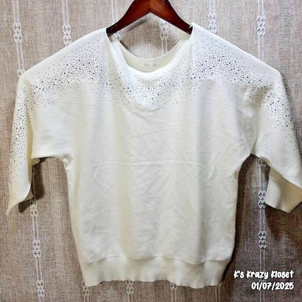 89th & Madison Top Blouse Womens XL Winter White Rhinestone 3/4 Sleeve New
